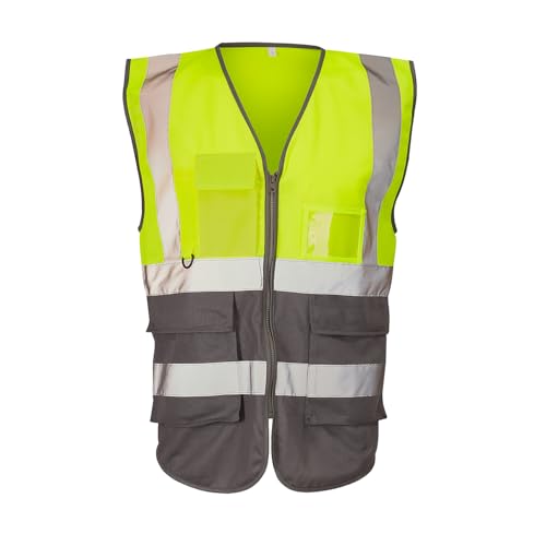 Image of Expert Workwear Hi Vis Viz Zipped Executive Vest High Visibility Two Tone Reflective Safety Waistcoat Jacket Mobile Phone Pocket & ID Holder (UK, Alpha, L, Regular, Regular, Yellow/Grey)