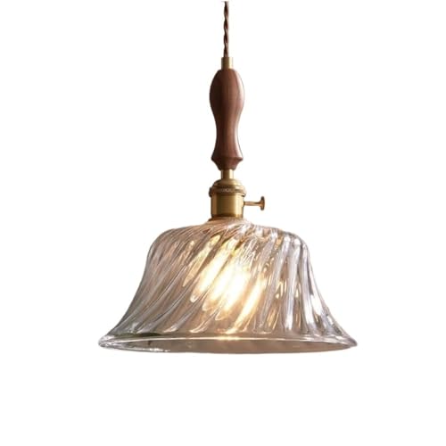 Vintage Ribbed Glass Pendant Light Walnut Wood Finish Brass Pendant