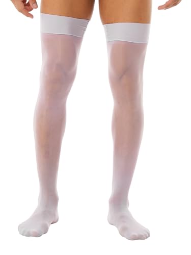 Men's Glossy See-through Stockings Thin Shiny Solid Color Stretchy Sheer Thigh High Socks White One Size