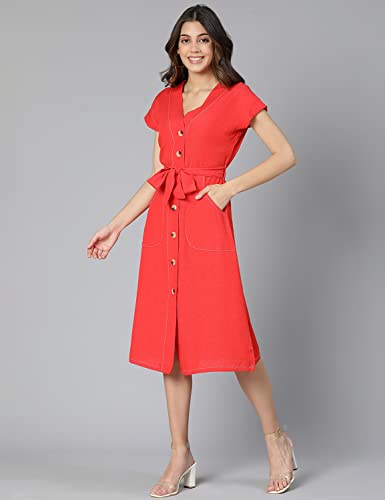 Image of oxolloxo Women Cotton Shirt Regular Sleeves Solid Party Dress