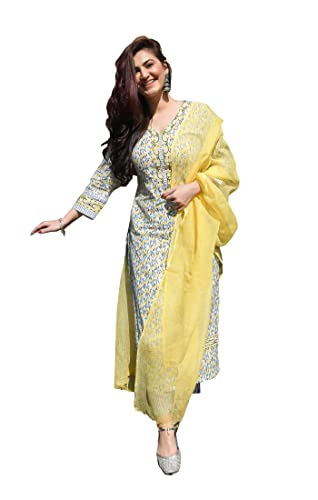 Image of Royal Export Women's White Color Cotton Printed Straight Kurti Palazzo Pants Set Salwar Suit Set
