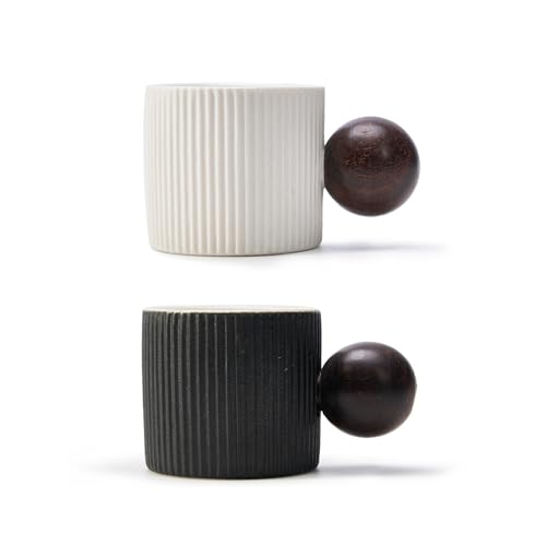 CLASGLAZ Espresso Cups 70ml, Small Ceramic Coffee Cups, Mini Mugs with Round Wooden Handle, Vertical Stripes Tea Cups (Black&White, 2pcs)