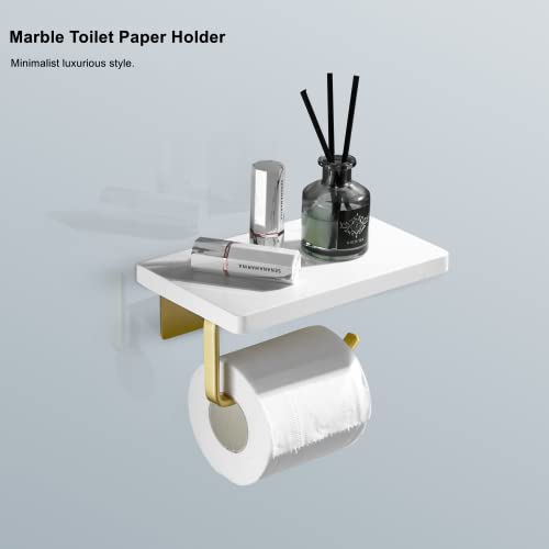 Dihaf Gold Toilet Paper Holder With Marble Shelf, Wall Mounted Brass Tissue Paper Dispenser For Bathroom Kitchen Washroom Bedroom(Natural Marble) #TOP1