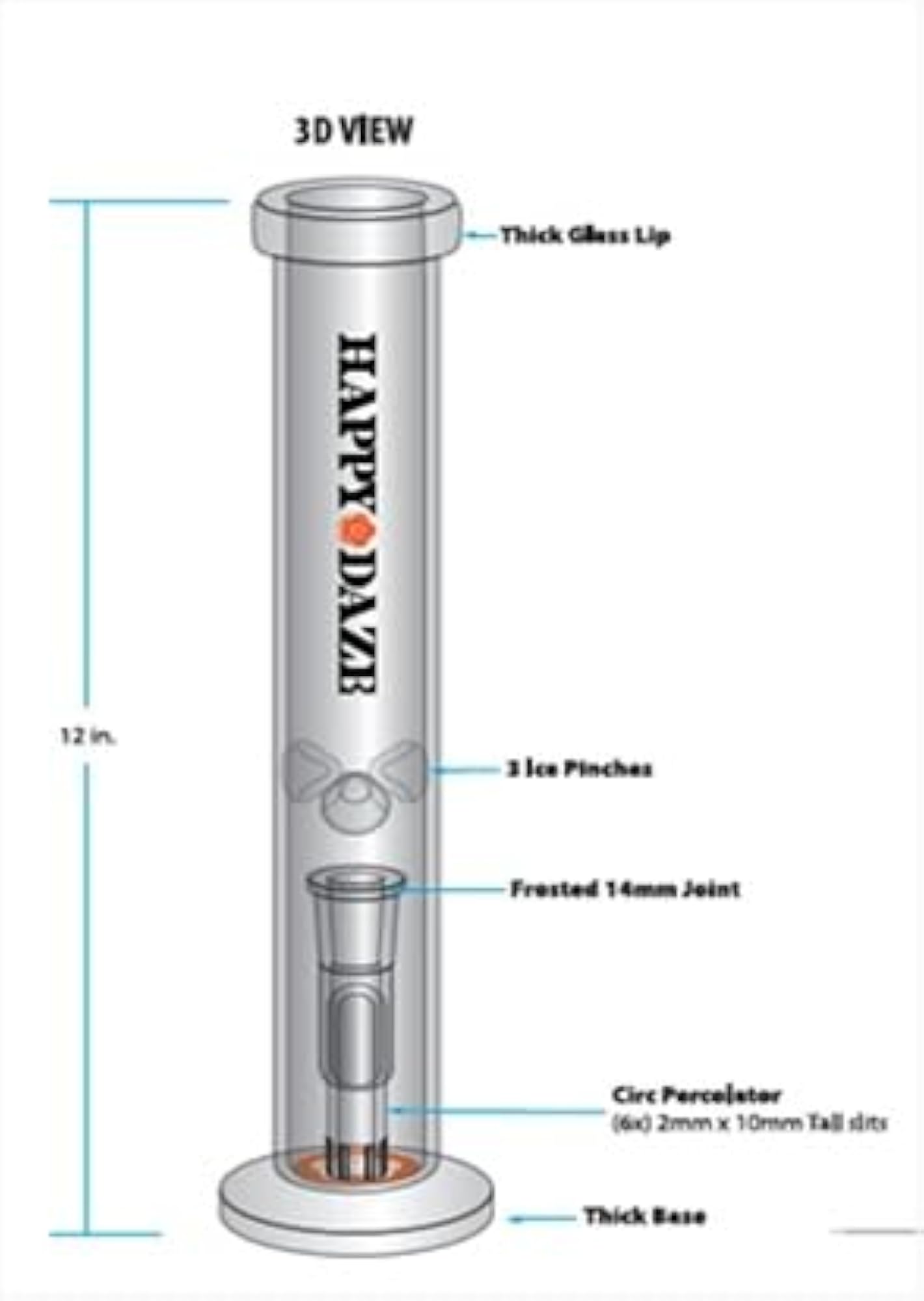 EXTRA THICK GLASS WATER PIPE 12" Clear