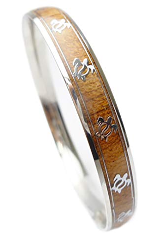 316L Stainless Steel Comfort Fit Natural Hawaii Koa Wood Inlay With Tribal Turtle Honu Design Hawaiian Curved Top Bangle Bracelet (Size 8