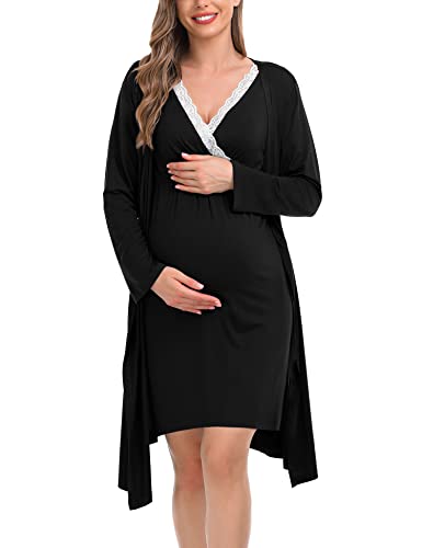 Image of SWOMOG Maternity Robe Nursing Nightgown 3 in 1 Labor Delivery Birthing Gown for Hospital Breastfeeding Bathrobes Lace Dress