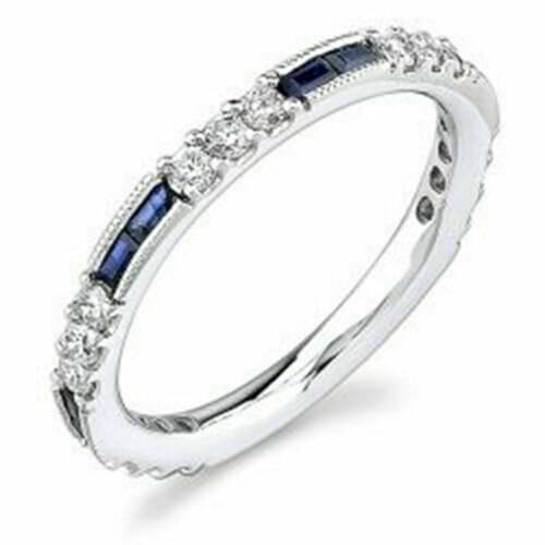 Generic Baguette Cut Blue Sapphire & Diamond 14K White Gold Finish Diamond Art Deco Miligrain Eternity Wedding Band for Women's
