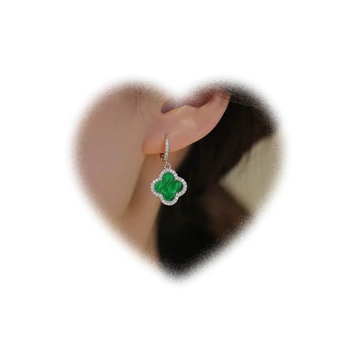 Crymystal Boucles d'oreilles bohème avec trèfle à quatre feuilles noir - Boucles d'oreilles pendantes avec trèfle en cristal CZ - Boucles d'oreilles créoles Huggie - Bijoux pour femmes et filles