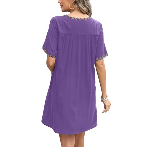 Image of Grosy Fiesta Embroidered Mexican Dress for Women Beach Vacation Plus Size Short Sleeve Summer Boho Dresses with Pocket
