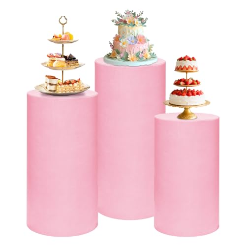 magalo Cylinder Pedestal Stand Covers Set of 3 Spandex Display Pedestal Covers Round Plinth Pillar Cover for Birthday Party Wedding Baby Shower Decor(Pink,Only Covers)