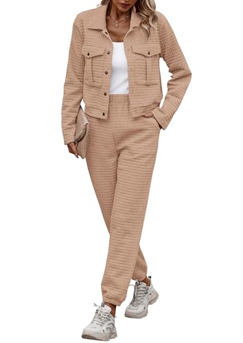 Image of PRETTYGARDEN Womens Two Piece Sets Fall 2026 Long Sleeve Button Down Shacket Jacket Long Sweatpants Tracksuit Winter Clothes