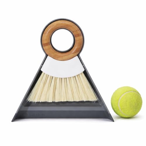 Image of Full Circle Tiny Team, Mini Compact Brush & Dustpan Set, White | A portable bamboo hand broom & crumb sweeper-perfect for quick cleanups in any room.