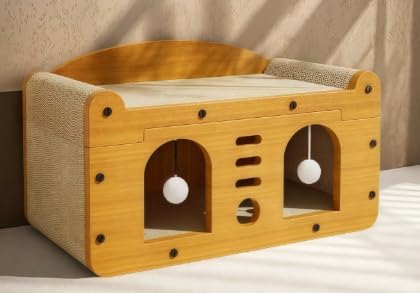 猫用 爪とぎ 段ボールハウス ベッド付き キャットハウス 通気性 丈夫 組立簡単 木製風デザイン クッション付 つめとぎおもちゃ 上下積み重ね可 耐荷重20kg 通年使用可 (二 つのドア,51*30*27cm)