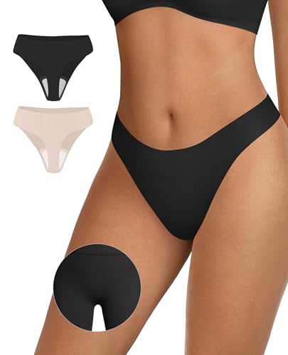 Image of OEAK Seamless Thongs for Women Invisible Thongs No Show Thong Panty Liners Tangas Comfortable Workout G-Strings Underwear Black+Cream S