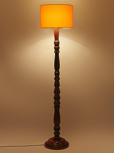 Image of Cotton Shade Floor Lamp with Wooden Base - Height 56 Inches, Yellow | Modern Standing Lamp for Living Room, Bedroom, Office | Stylish & Decorative Home Lighting | Elegant Decor