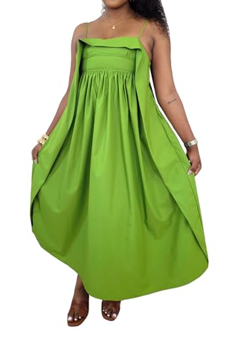 Image of YUEWOO Midi Dresses for Women Casual Summer Sundresses Vacation Outfits Spaghetti Strap Smocked Women Maxi Dress with Pockets