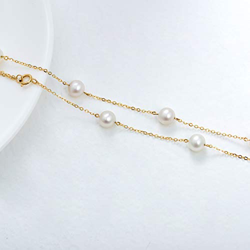 SISGEM Solid 14K Gold Pearl Bracelet for Women Freshwater Cultured Pearl Bracelet Station Tin Cup Pearl Bracelet with Link Chain Dainty Jewelry Gifts for Mom, Wife, 6.5''+1''+1''4