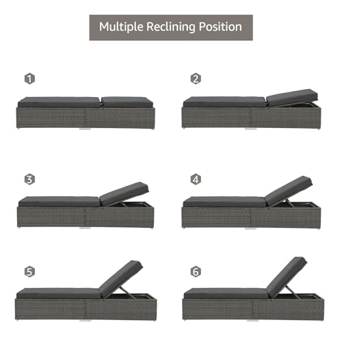 Patiorama Outdoor Patio Chaise Lounge Chair, Elegant Reclining Adjustable Pool Rattan Chaise Lounge Chair with Cushion, Grey PE Wicker, Steel Frame, Dark Grey, Set of 4 - Thumbnail 5