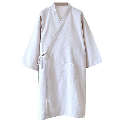 Bata japonesa tipo kimono para hombre, estilo Yukata, ligera, con cuello en V, cinturón y bolsillo, transpirable, ajuste holgado, ropa de dormir para el hogar, spa, sauna, hotel, viajes, gris, M