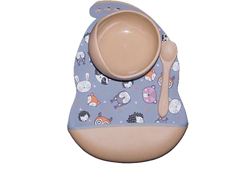 Cute Silicone Animal Print Design Bibs with Bowl with Spoon, Gray & Taupe 4-piece3