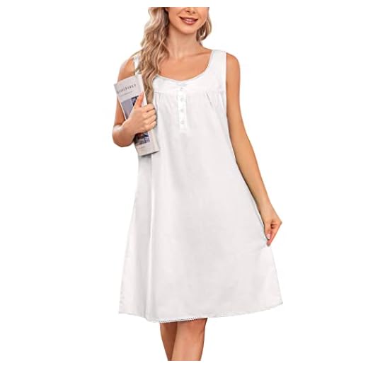 Ekouaer Sleeveless Nightgown Button Lace Soft Womens Night Shirts Cotton Night Dress(Raw White, L)