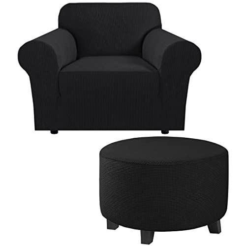 H.VERSAILTEX H.VERSAILTEX 1 Piece Sofa Cover for Armchair 32"-48" Bundle Round Ottoman Slipcover(Medium, Black)