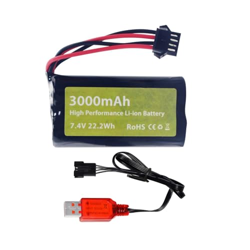 2x Batterie 7.4V 3000mAh 15C + 2x Câble USB – Prise SM-4P – Pour EC08 DE85 Camions RC