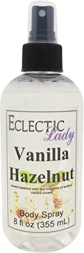 Eclectic Lady Vanilla Hazelnut Body Spray, Double Strength, 8 ounces, Body Mist for Women with Clean, Light & Gentle Fragrance, Cologne with Soft, Subtle Aroma For Daily Use