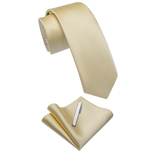 Image of YourTies Skinny Ties for Men Satin 2.4 inch Slim Necktie with Pocket Square Tie Clip Set Solid Color Wedding Party Business