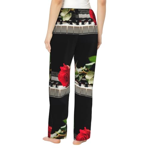Pantalon pyjama flanelle rouge piano femme vêtement nuit chaud poches