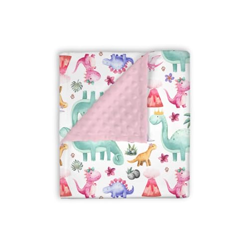Image of EyMzcod Mink Baby Girls Blankets Pink Dinosaurs, Cute Dino Lover Tropical Soft Double Layer Dotted Backing Receiving Swaddle, Newborn Infant Toddler Nursery Crib Bedding Shower Gift 30" x 40"