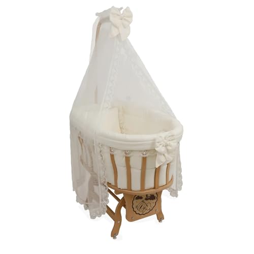 Bebek On For Basket Crib Babywiege aus Buchenholz mit Himmel & Spitzen-Set | Schaukel- & Feststellfunktion | Inkl. Matratze & Bettwäsche | Für Neugeborene bis 12 Monate