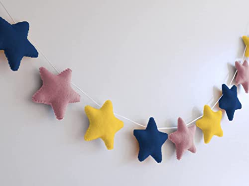 Peach Cuddle Velvet Fabric Star Bunting for Kids Room and Nursery - Wall Decoration Garland in Blue, Yellow, Purple (Pack of 1, 12 Stars, 99 CM)