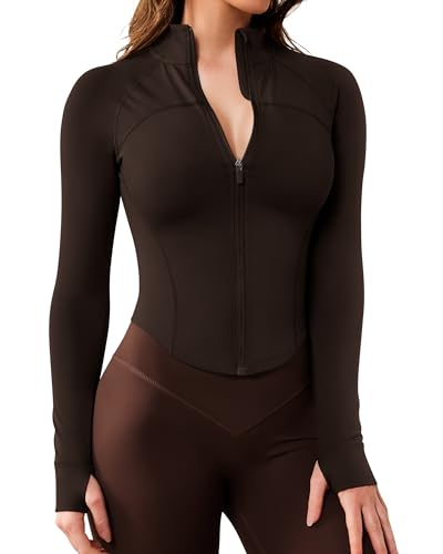 Image of Queenie Ke Women's Long Sleeve Yoga Crop Running Jacket - BBL Gym Jacket with Thumb Holes, Sports Activewear for Fitness & Workouts (Downtown Brown, Medium)