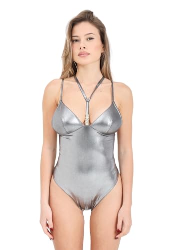 MOSCHINO Monokini für Damen Silber Metallic mit goldenem Metalldetail, grau, M