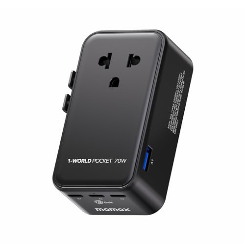 (2026 NEW) MOMAX Universal Travel Adapter Ultra-Thin 70W GaN International Plug Adapter with 3 USB-C 1 USB-A and AC Outlet Works in 200+ Countries Not a Voltage Converter for International Travel