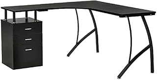 HOMCOM L-Shaped Computer Desk Table with Storage Drawer Home Office Corner Industrial Style Workstation, Black