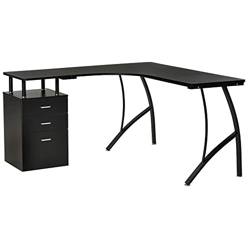 HOMCOM Escritorio Esquinero para Ordenador Escritorio en Forma de L con 3 Cajones Mesa Moderna para Oficina Estudio 143,5x143,5x76 cm Negro