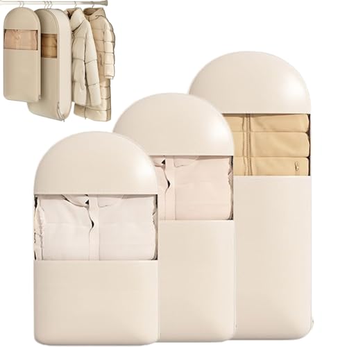 2025 Space Saving Hanging Garment Bag with Self Compression Zipper, Dust Cover Clothes Bags for Down Coat, Space Saver Closet Organizers (Beige, Large)