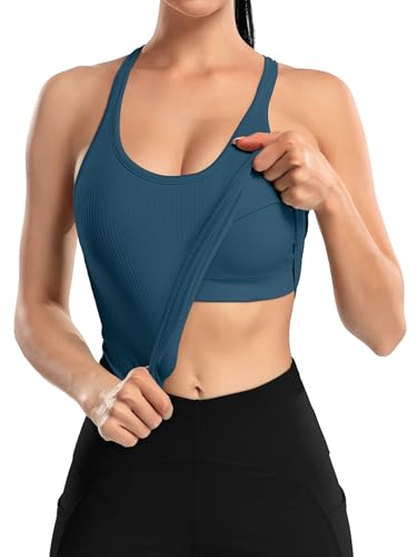 Image of ATTRACO Ribflex Ribbed Workout Crop Tops with Built in Bra for Women Yoga Racerback Tank Top Slim Fit