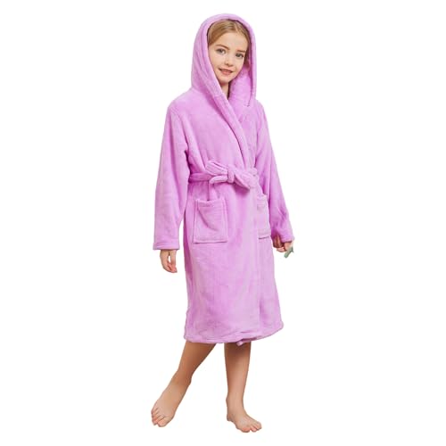 Girls Fleece Robe, Hooded Soft Warm Bathrobe Sleepwear for Kids 2-12 Years