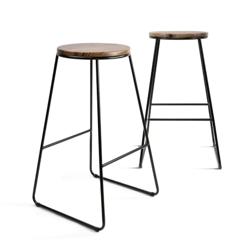 THE SECRET HOME Pack 2 Taburetes Altos Cocina y Bar| Estilo Industrial Moderno | Asiento Madera Oscura y Metal Negro | Ideal para Isla de Cocina y Desayunador |Taburete Alto Resistente |Altura 71 cm
