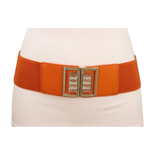 Women Fashion Orange Faux Leather Elastic Waistband Belt Gold Metal Square Buckle S M z0883