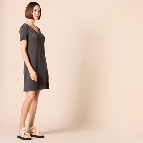 Image of Amazon Essentials Women's Regular Short-Sleeve V-Neck Mini A-line Swing T-shirt Dress, Charcoal Heather, Medium