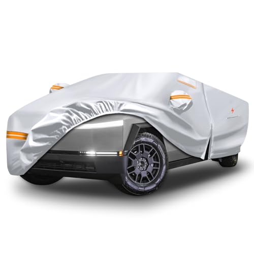Waterproof Car Cover Replace for Tesla Cybertruck, 6 Layers Silver All Weather Full Car Covers with Zipper Door & Windproof Bands for Snow Rain Dust Protection
