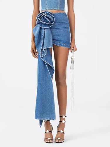 Jupe femme asymétrique bleue avec fleur rose tridimensionnelle design unique - 2