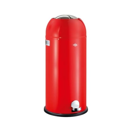 Wesco Kickmaster Maxi Afvalbak in de kleur rood, gepoedercoat plaatstaal, ingebouwde demper, 40 liter volume, grote inworp