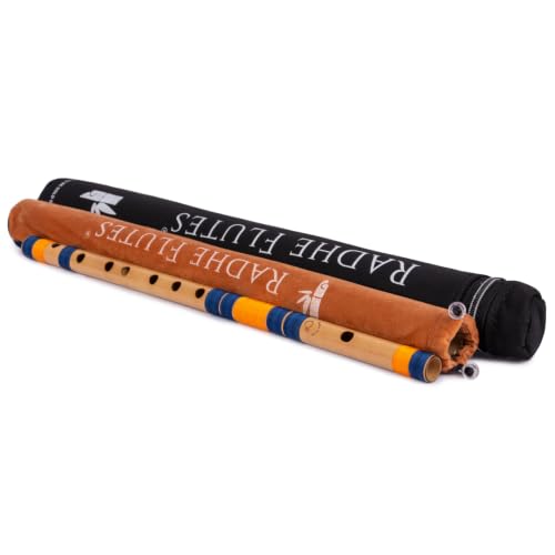 Image of Radhe Flutes Bamboo Bansuri C Sharp Right Handed Middle Octave (18 inch) With Hard Cover (Beige Flute With Dark Blue & Orange Threads)