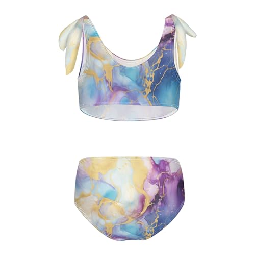 Girls' Bikini Set, Purple Gold Blue Marble Kids Swimsuit 2 Pcs Beach Bathing Suit2