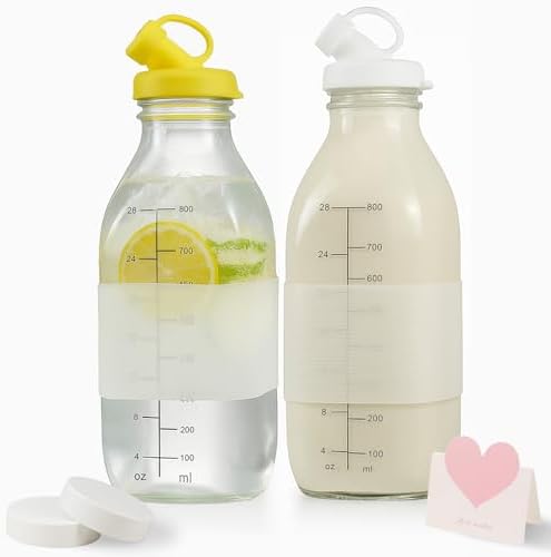 32 oz Reusable Glass Milk Bottles with Leak Proof Lid and Pour Dispenser, 1 Liter Juice Bottles with Scale, Glass Pitchers with Sleeve, Milk Storage Containers for Fridge [2 Pack]